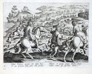 ジャンコラート（1566-1628）によって刻まれた「狩猟」の命令を与えるペルシアの支配者、「ヴェネツィア、フェララム、アビウム、ピシウム」（狩猟：野生の獣、鳥、魚）のイラスト。フィリップス・ガル